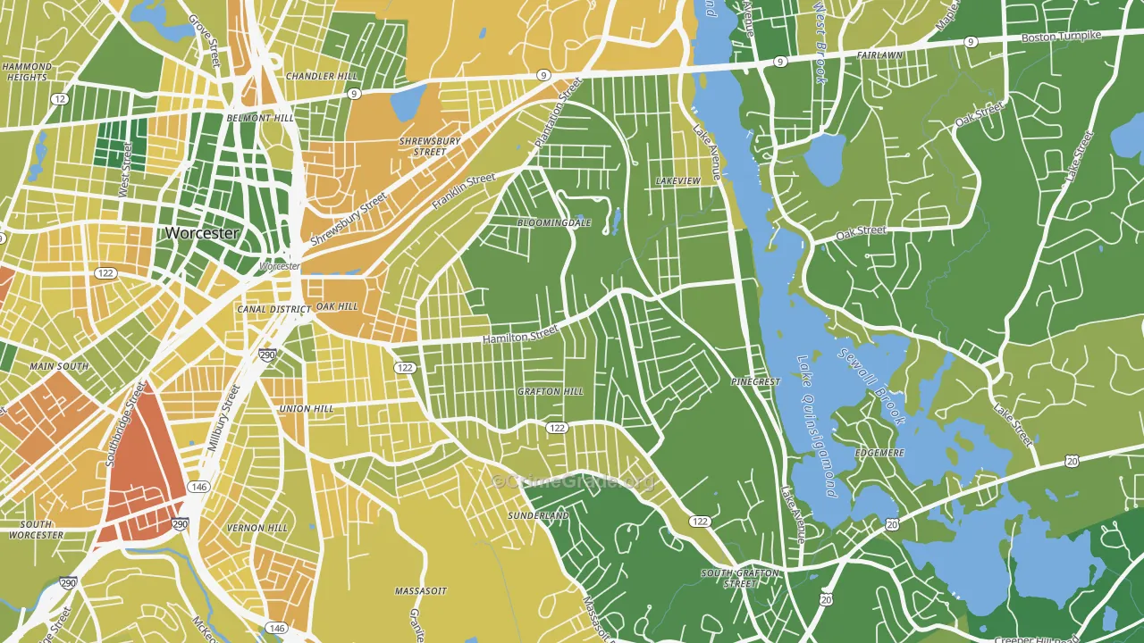 Hamilton, Worcester, MA Map of Murder Rates