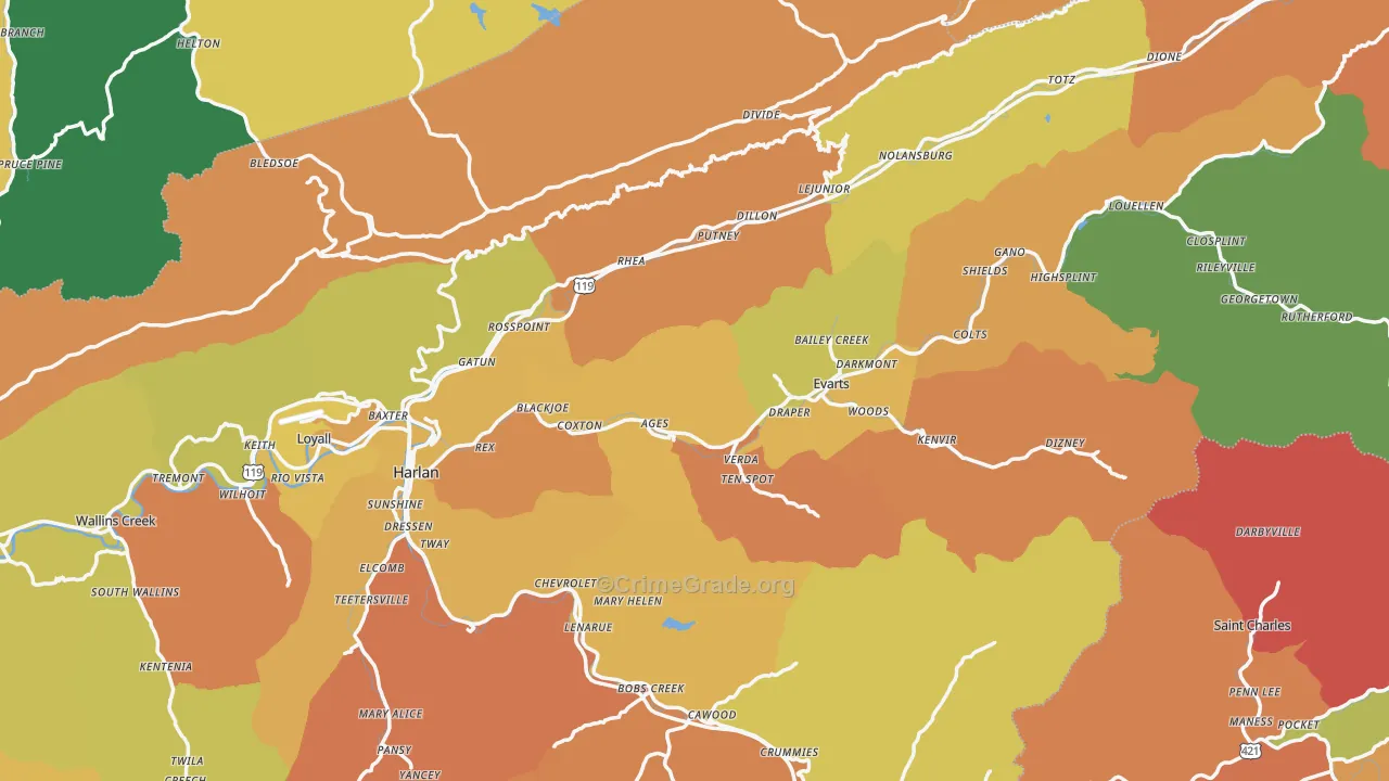 Harlan County, KY Map of Murder Rates