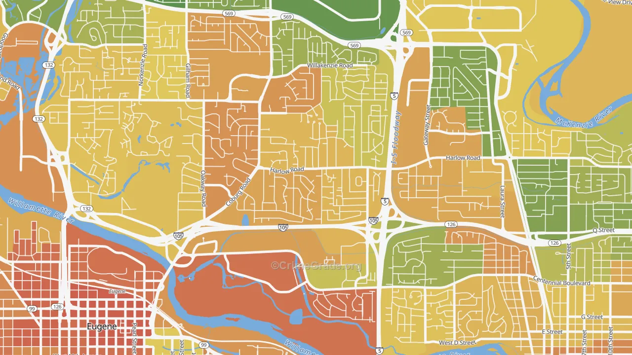 Harlow, Eugene, OR Map of Murder Rates