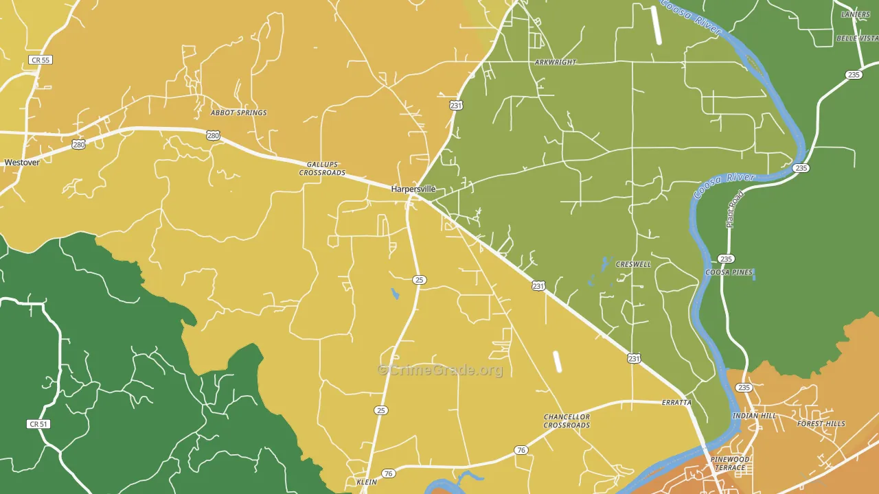 Harpersville, AL Map of Murder Rates
