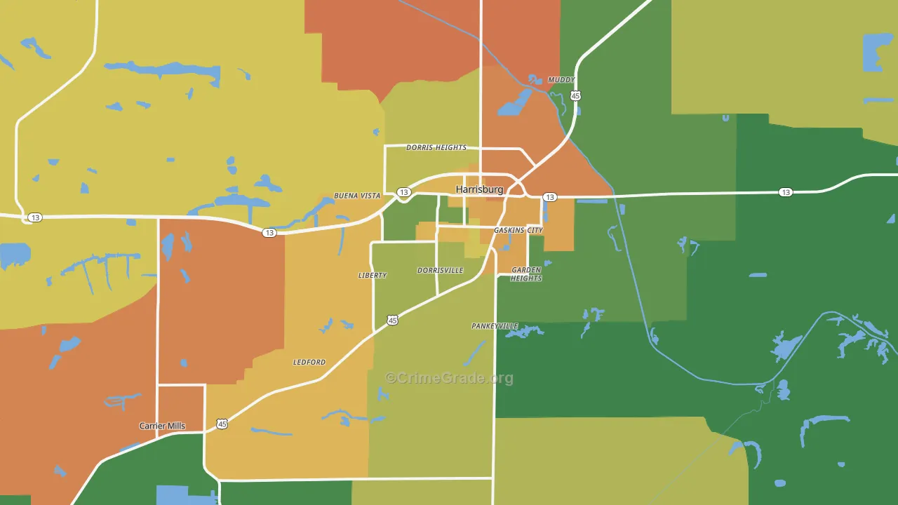Harrisburg, IL Map of Murder Rates
