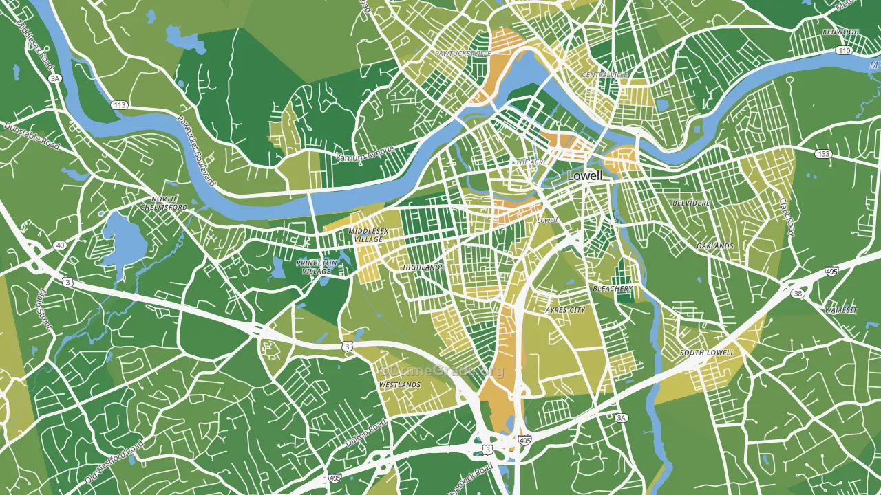 Highlands, Lowell, MA Map of Murder Rates