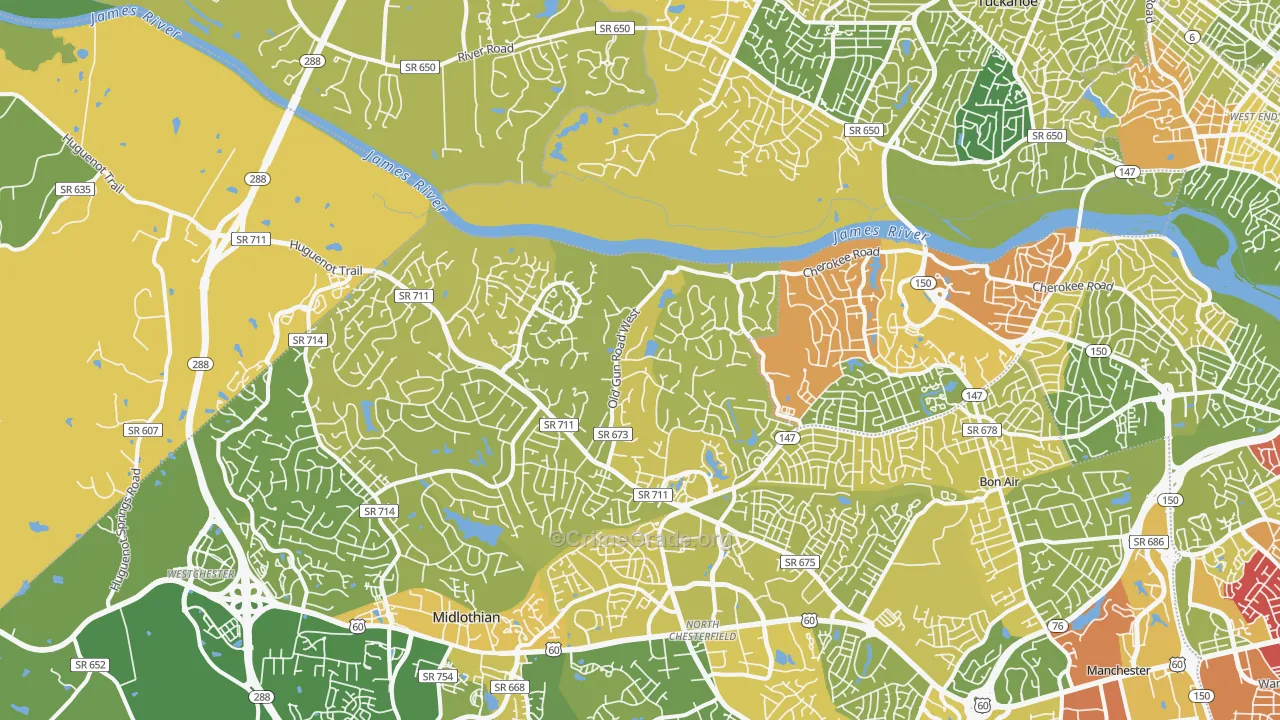 Huguenot, Richmond, VA Map of Murder Rates