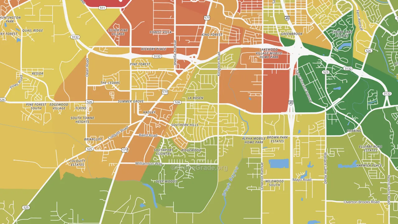 Hyde Park-Brookwood-Southern Hills, Shreveport, LA Map of Murder Rates