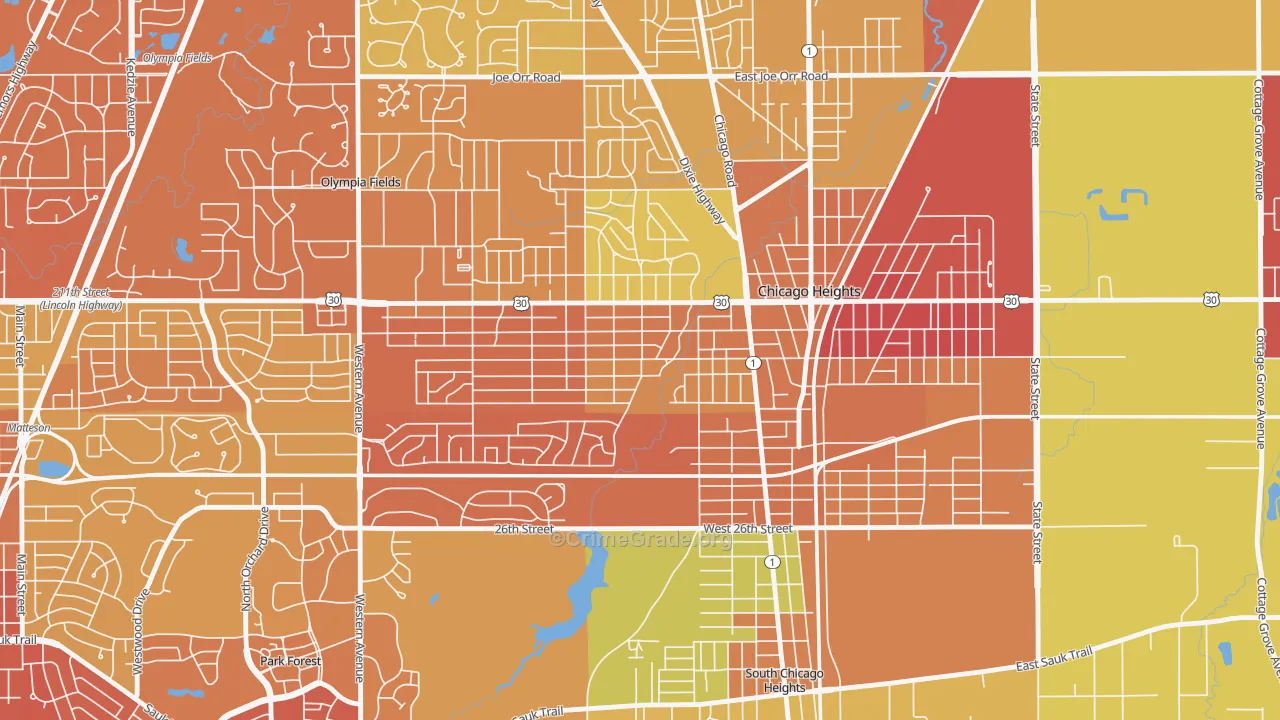 Indian Hill, Chicago Heights, IL Map of Murder Rates
