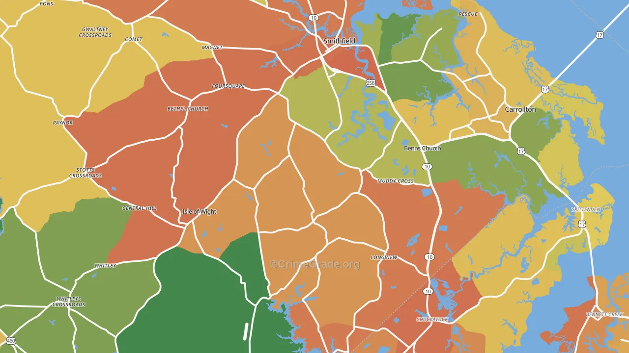 Isle of Wight County, VA Map of Murder Rates
