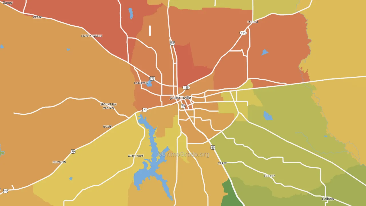 Jacksonville, TX Map of Murder Rates