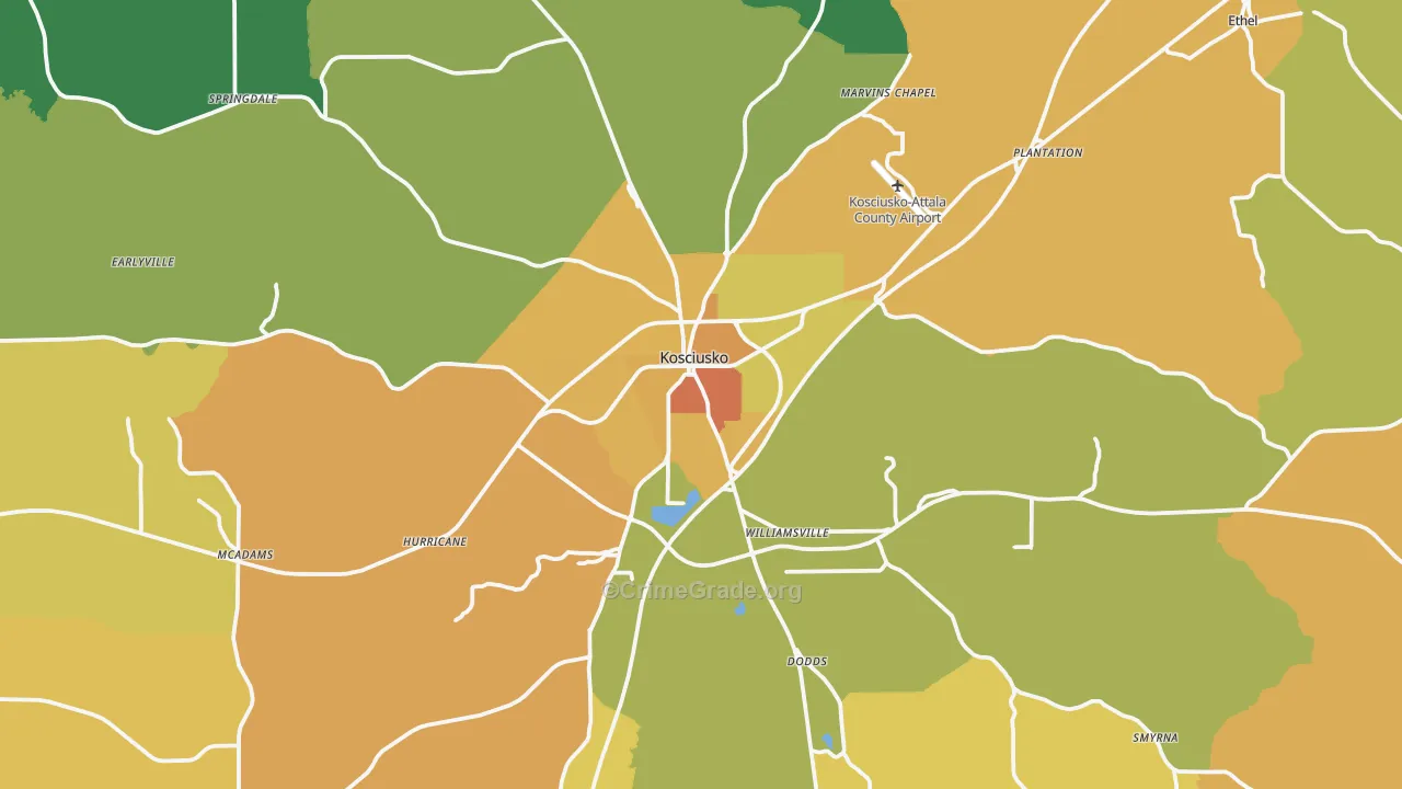 Kosciusko, MS Map of Murder Rates