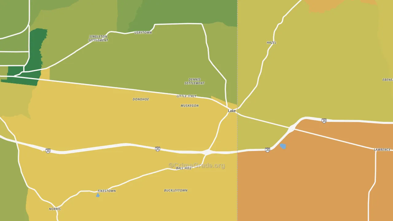 Lake, MS Map of Murder Rates