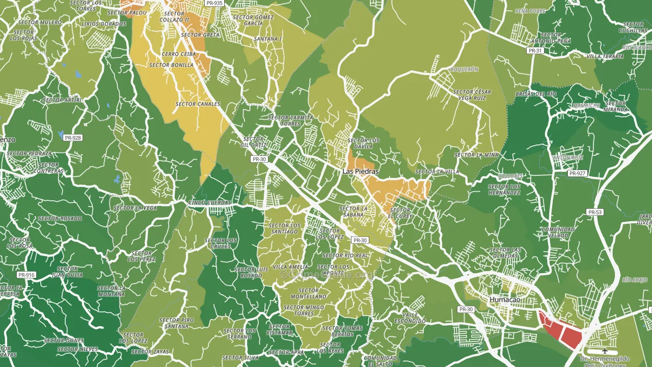 Las Piedras Municipio, PR Map of Murder Rates