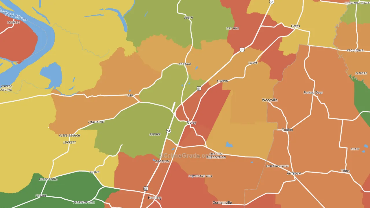 Lauderdale County, TN Map of Murder Rates