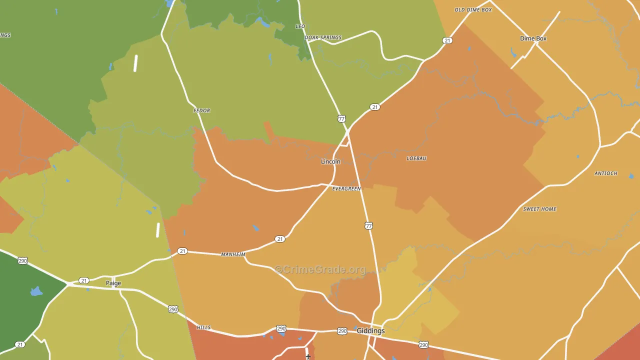 Lee County, TX Map of Murder Rates