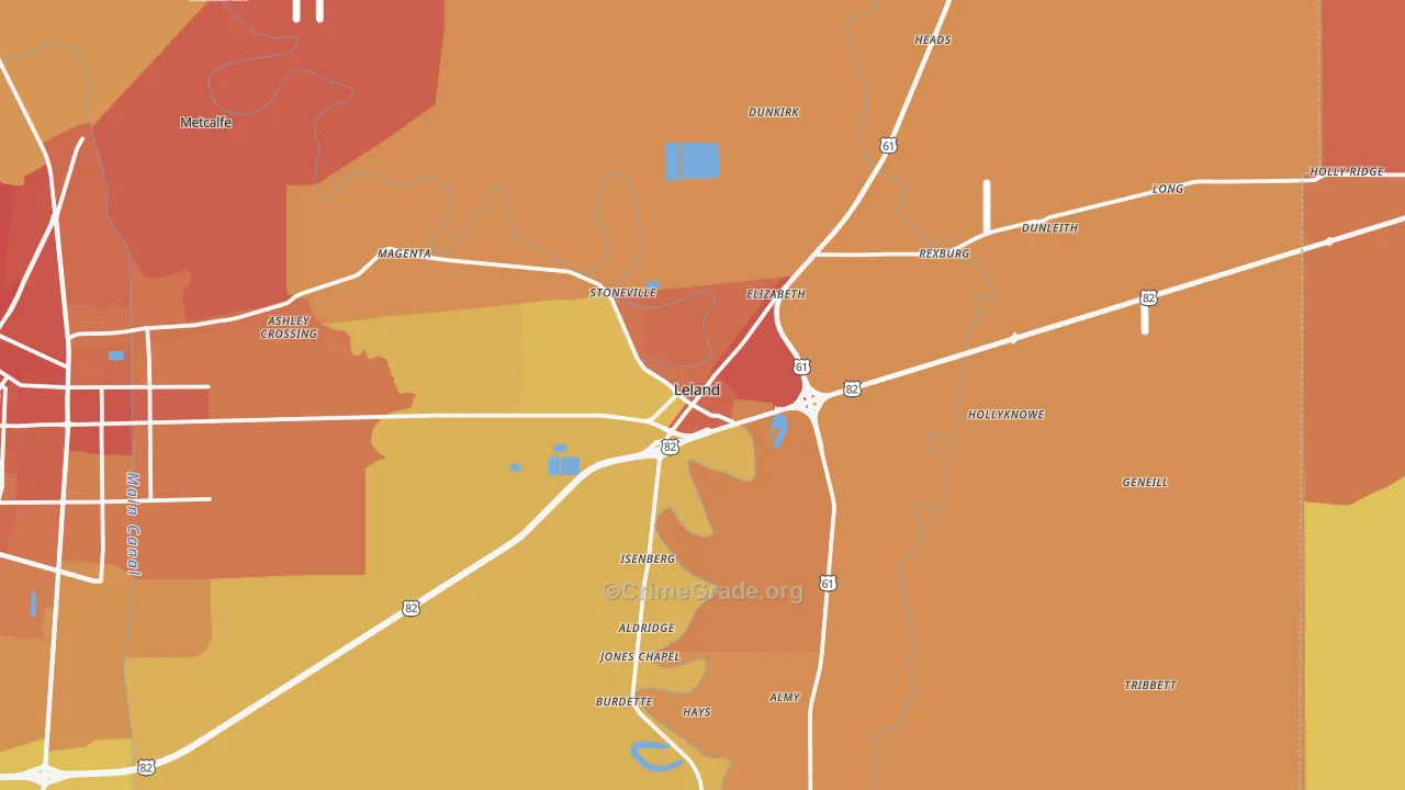 Leland, MS Map of Murder Rates