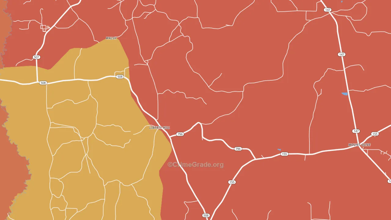 Liberty Hill, LA Map of Murder Rates