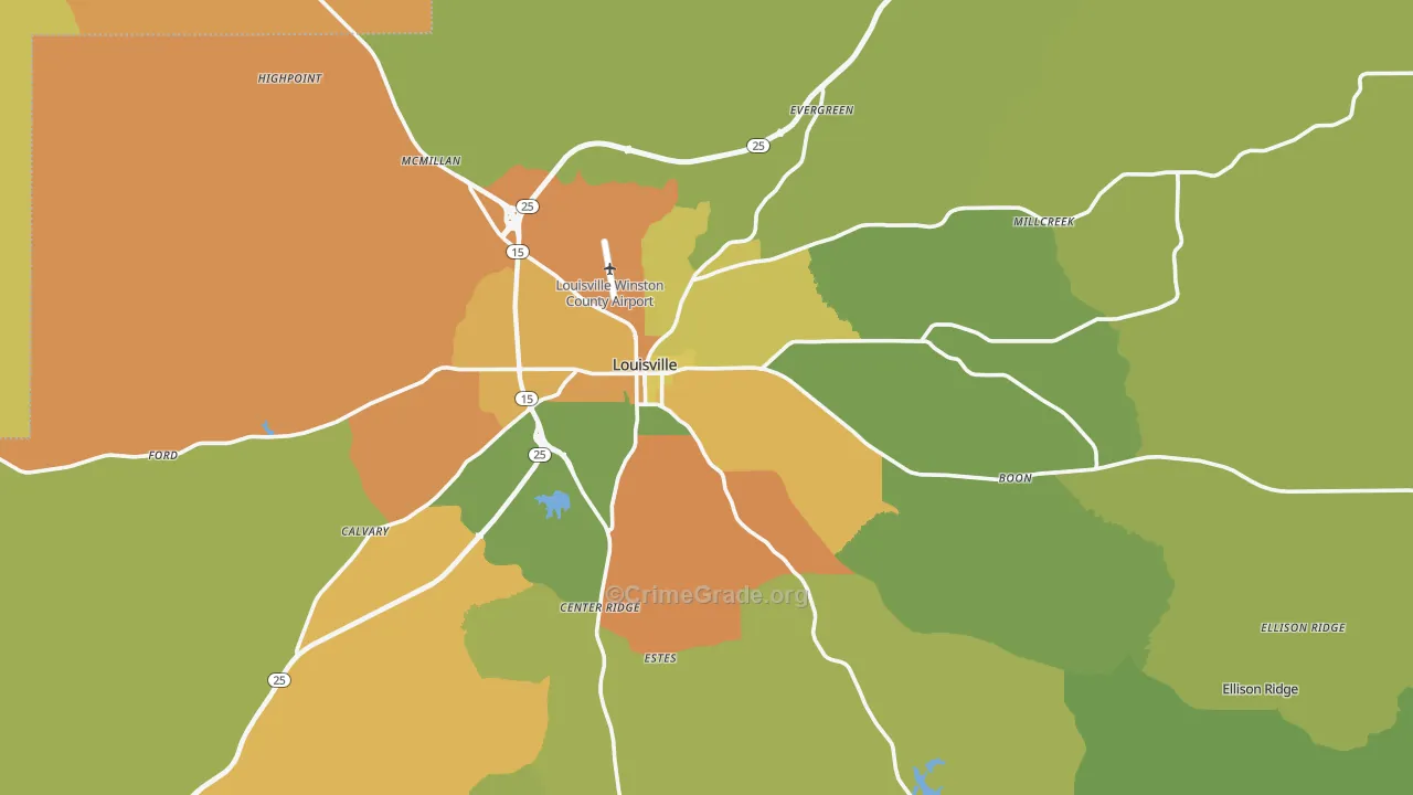 Louisville, MS Map of Murder Rates