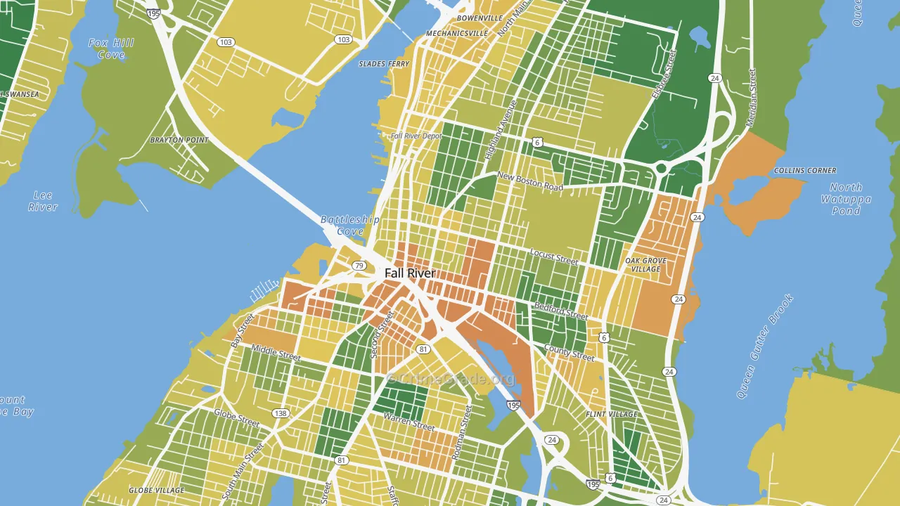 Lower Highlands, Fall River, MA Map of Murder Rates