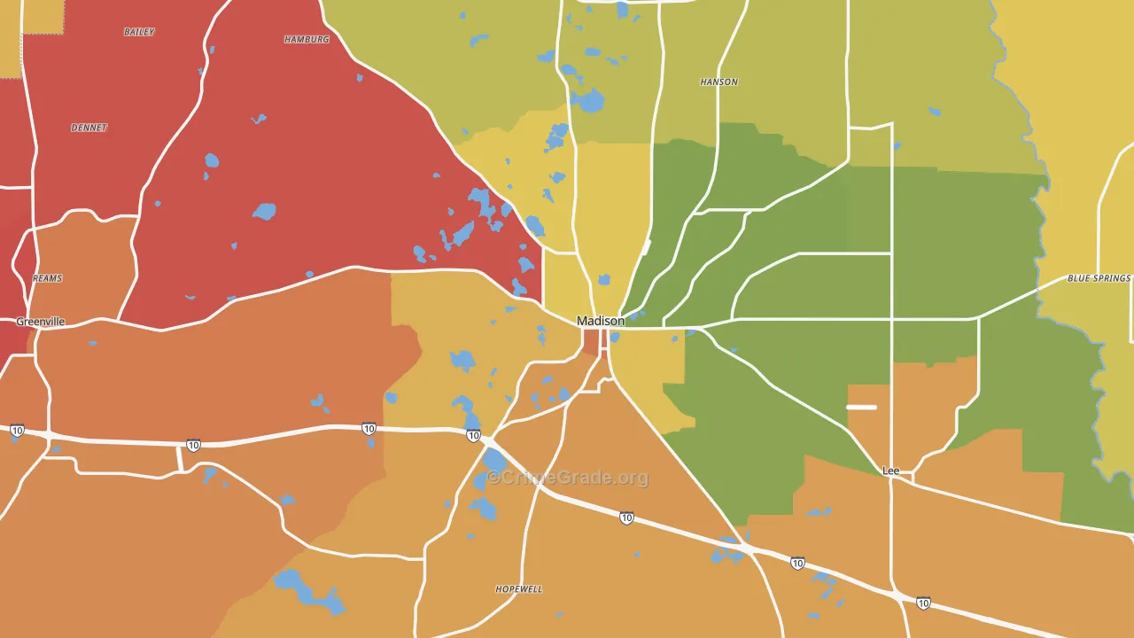 Madison County, FL Map of Murder Rates