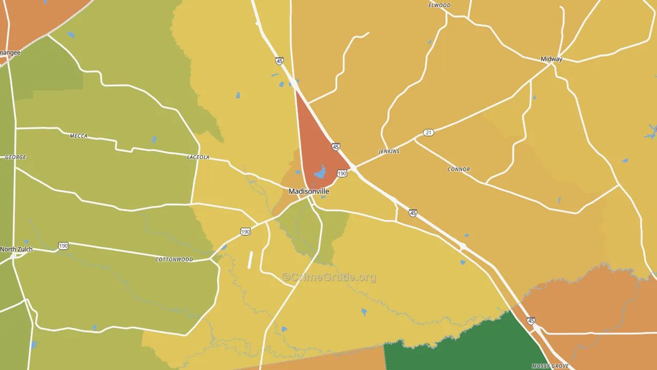 Madison County, TX Map of Murder Rates