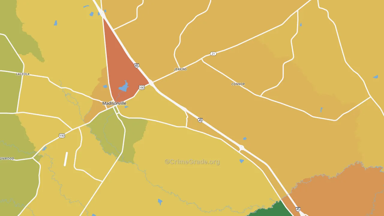 Madisonville, TX Map of Murder Rates