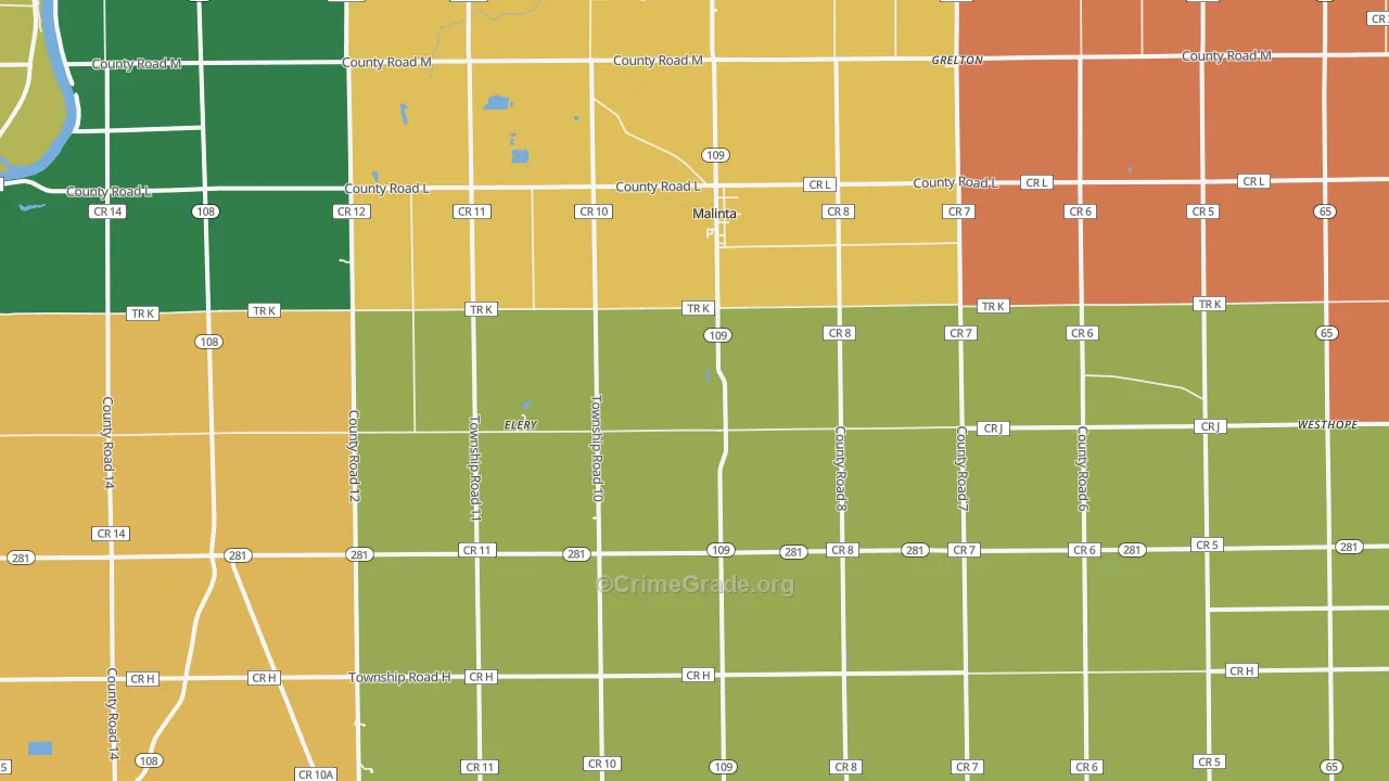 Malinta, OH Map of Murder Rates