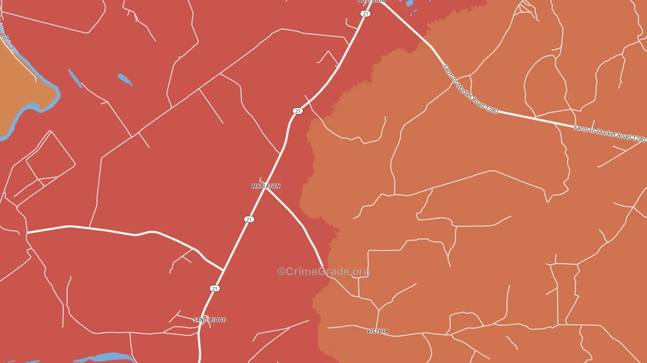 Mapleton, TX Map of Murder Rates