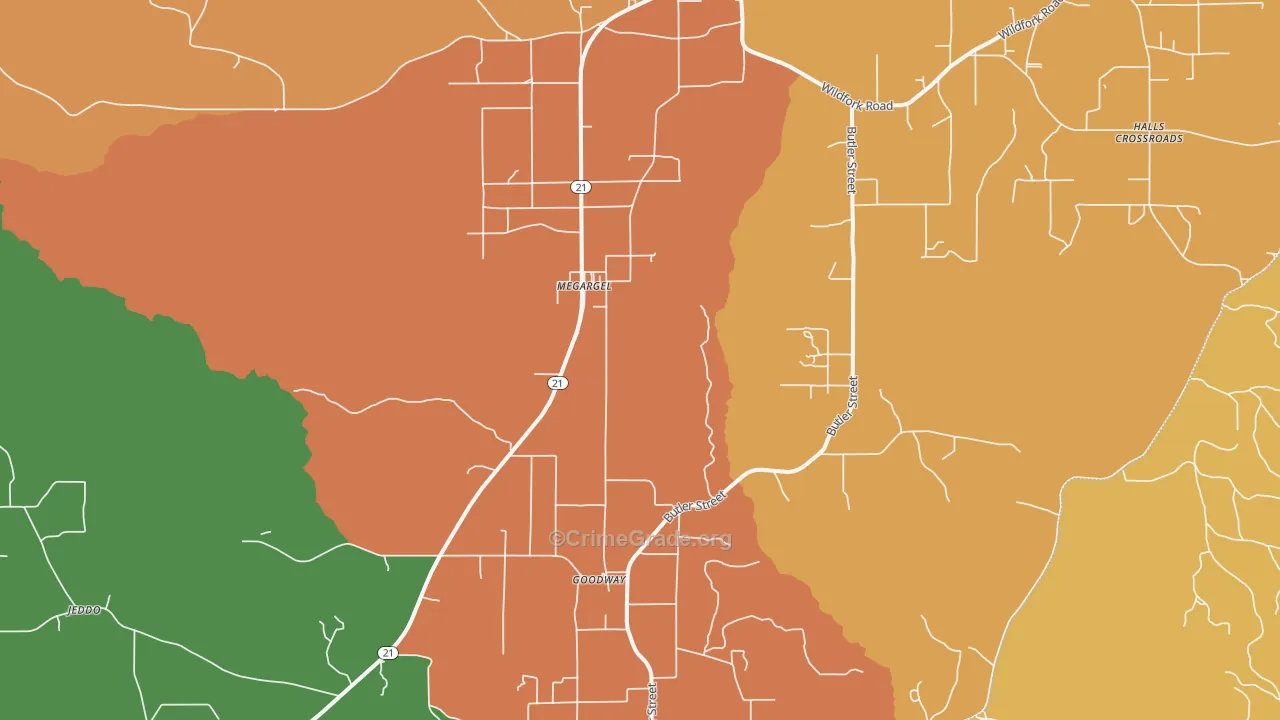 Megargel, AL Map of Murder Rates