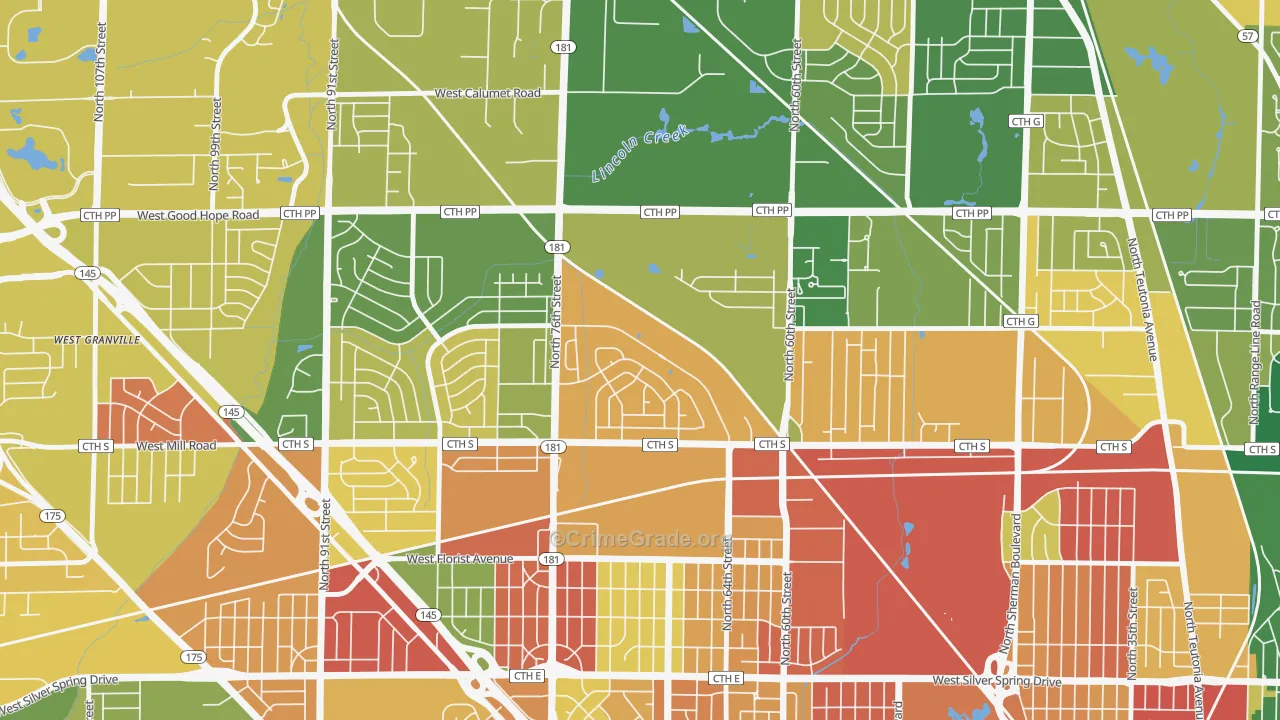 Menomonee River Hills East, Milwaukee, WI Map of Murder Rates