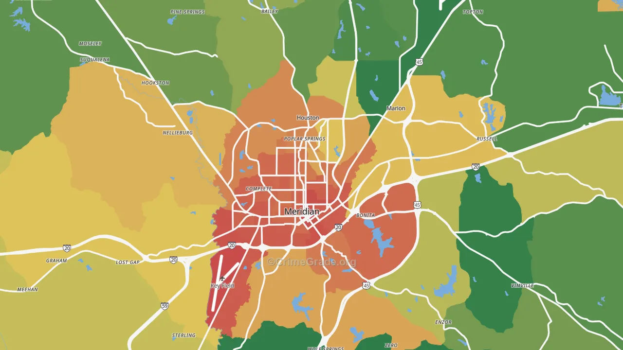 Meridian, MS Map of Murder Rates