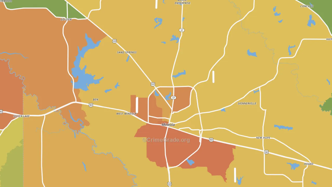 Mineola, TX Map of Murder Rates