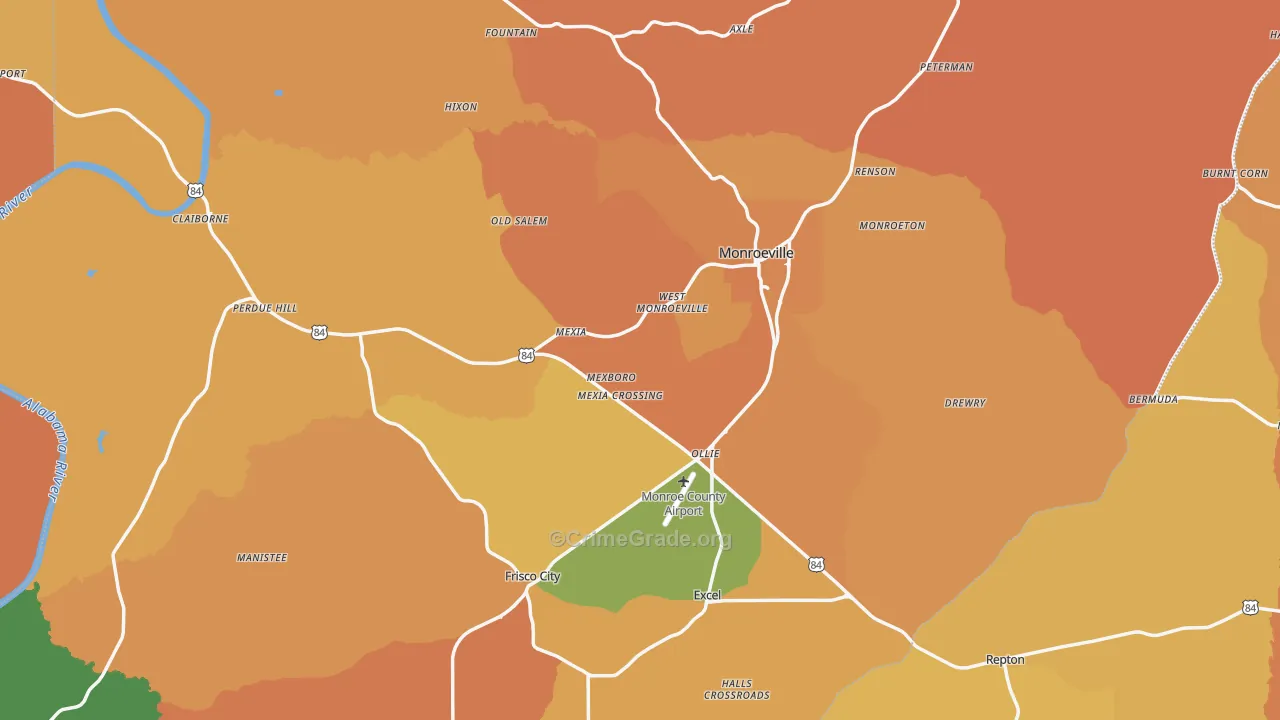 Monroe County, AL Map of Murder Rates