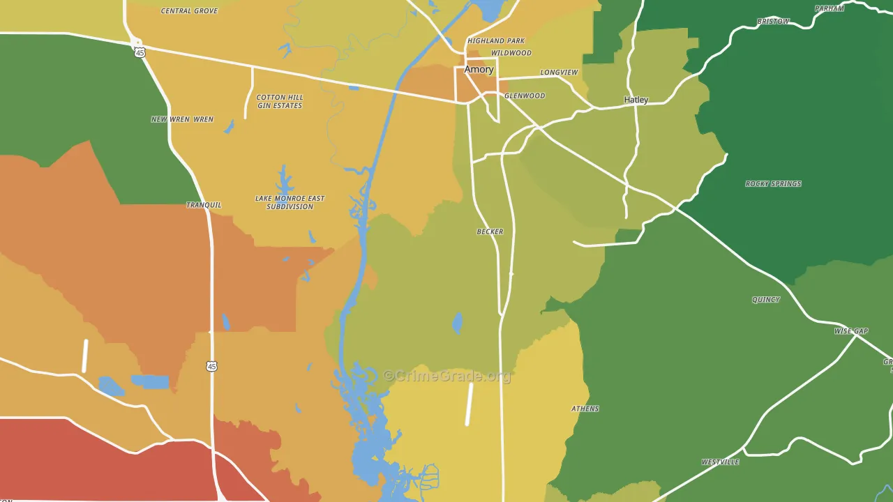 Monroe County, MS Map of Murder Rates