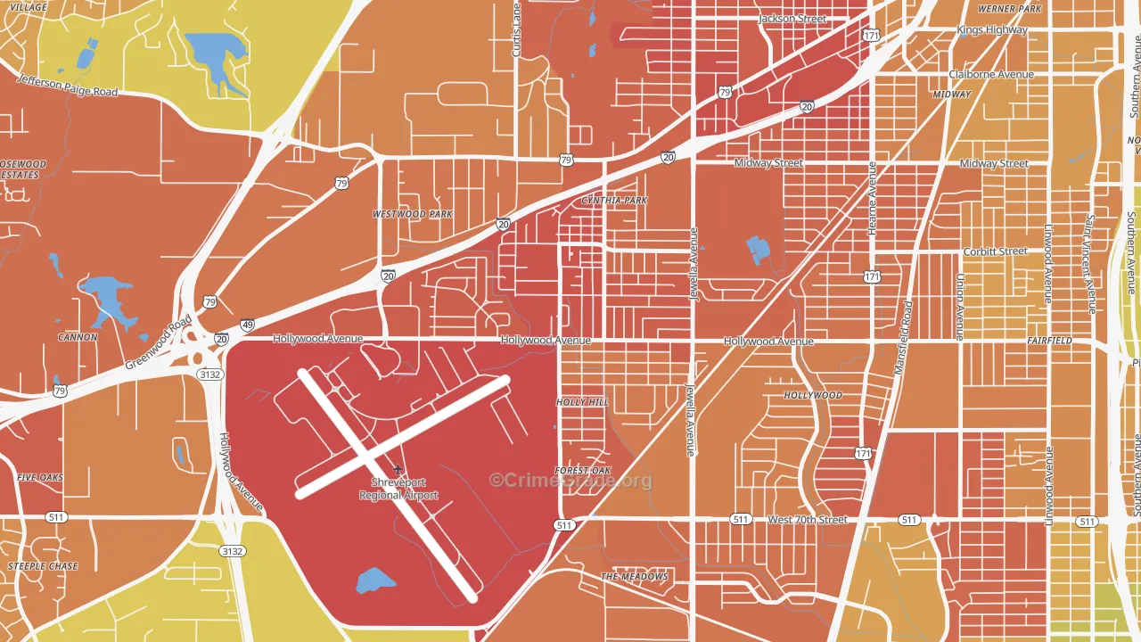 Mooretown and Hollywood Heights, Shreveport, LA Map of Murder Rates