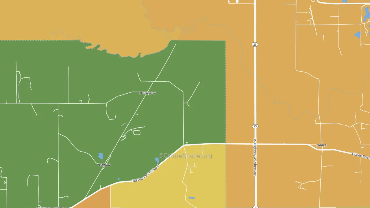 Muldrow, MS Map of Murder Rates
