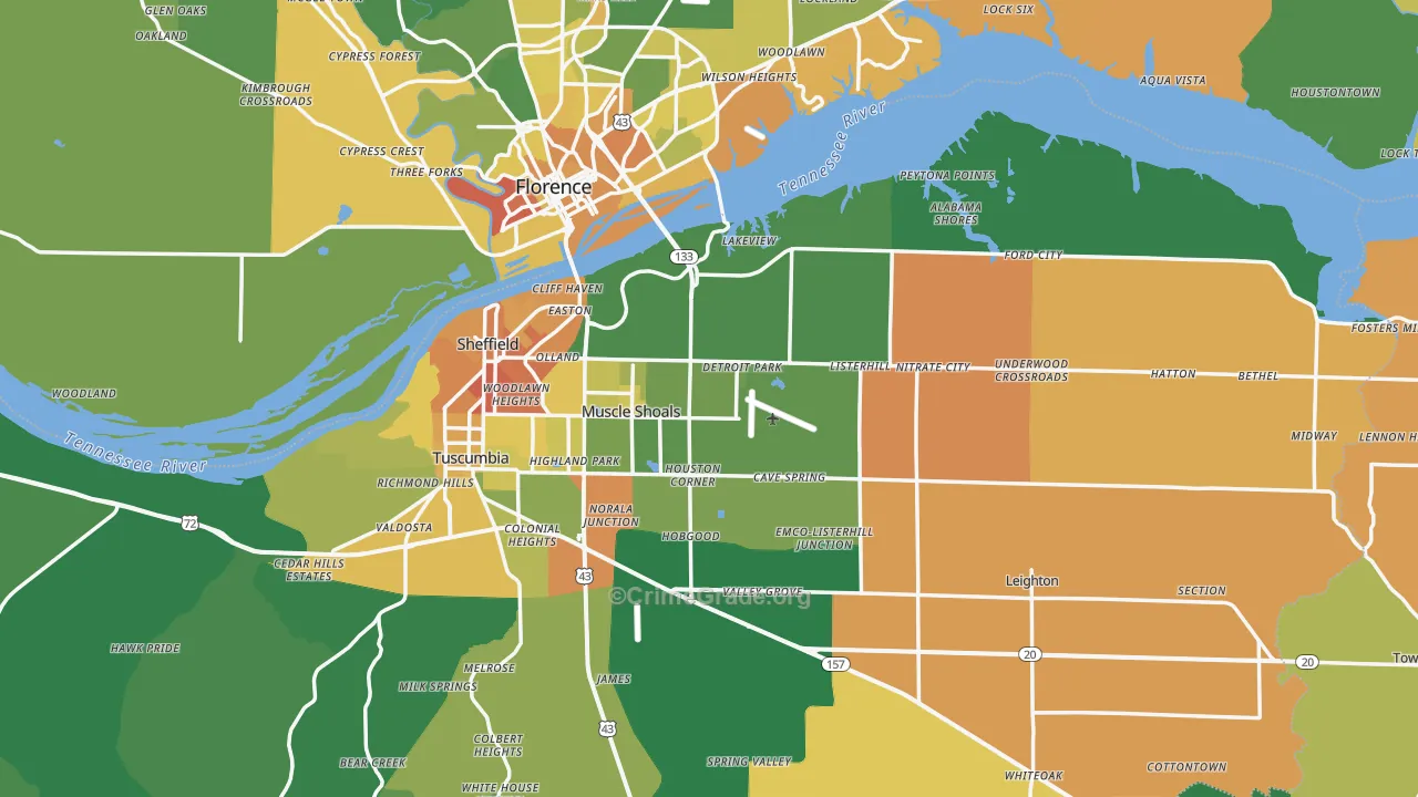 Muscle Shoals, AL Map of Murder Rates