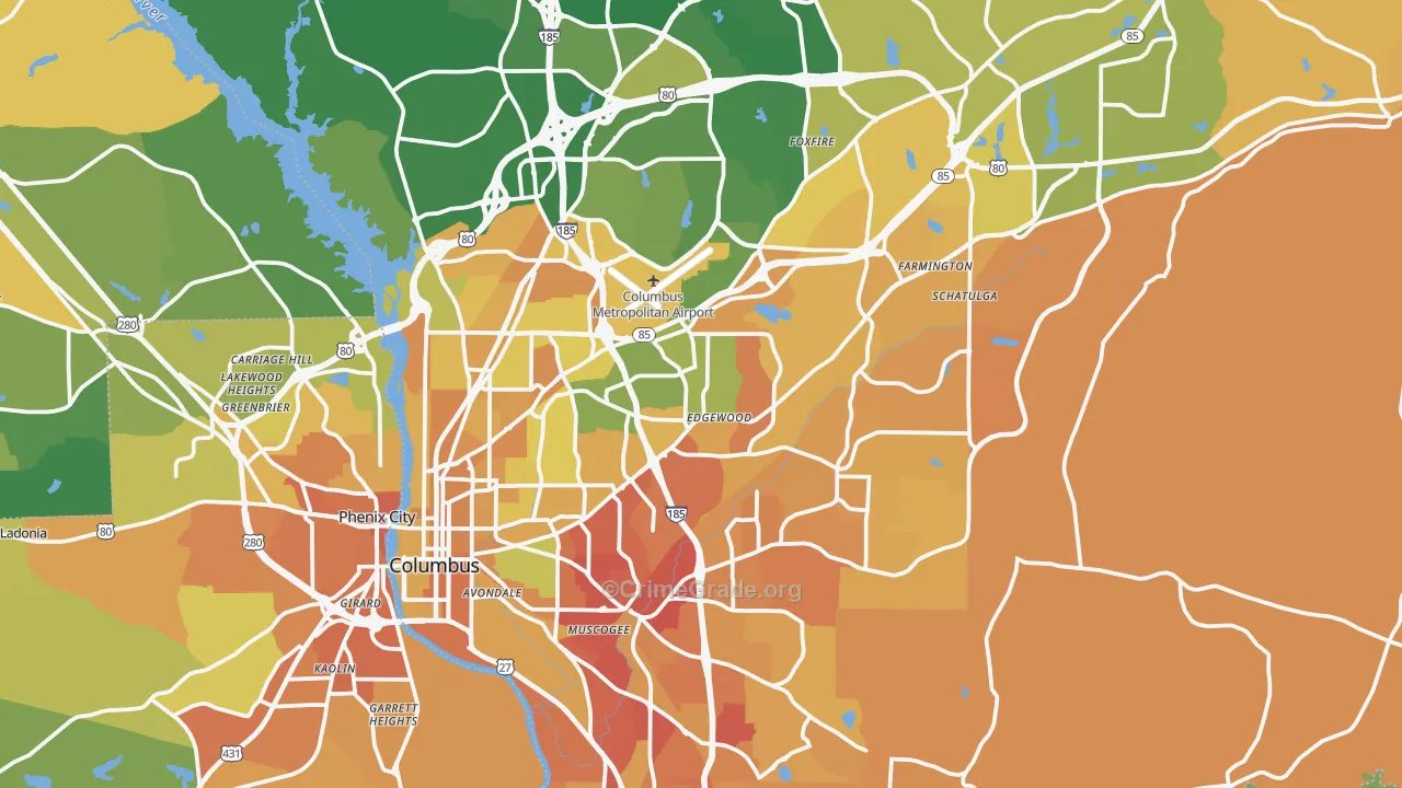 Muscogee County, GA Map of Murder Rates