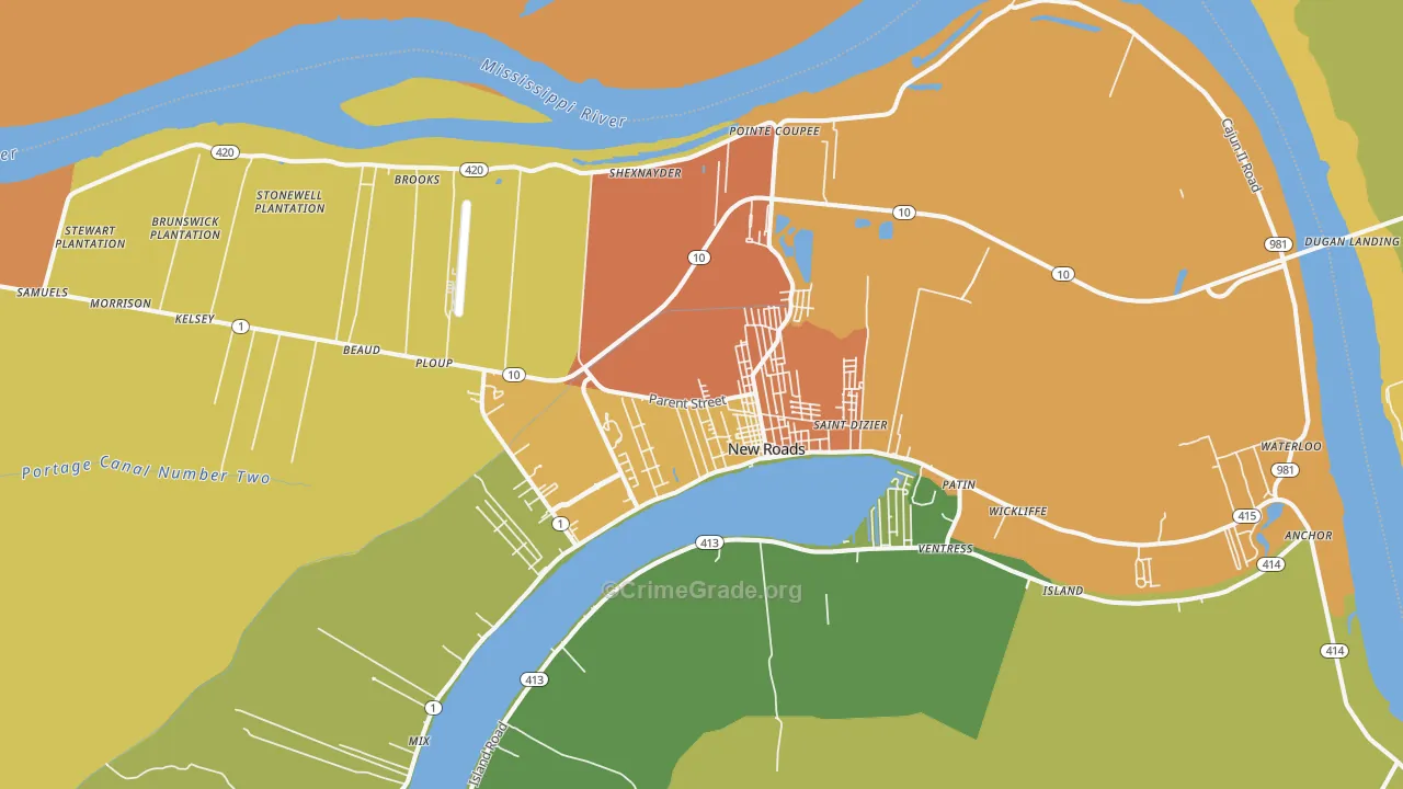 New Roads, LA Map of Murder Rates