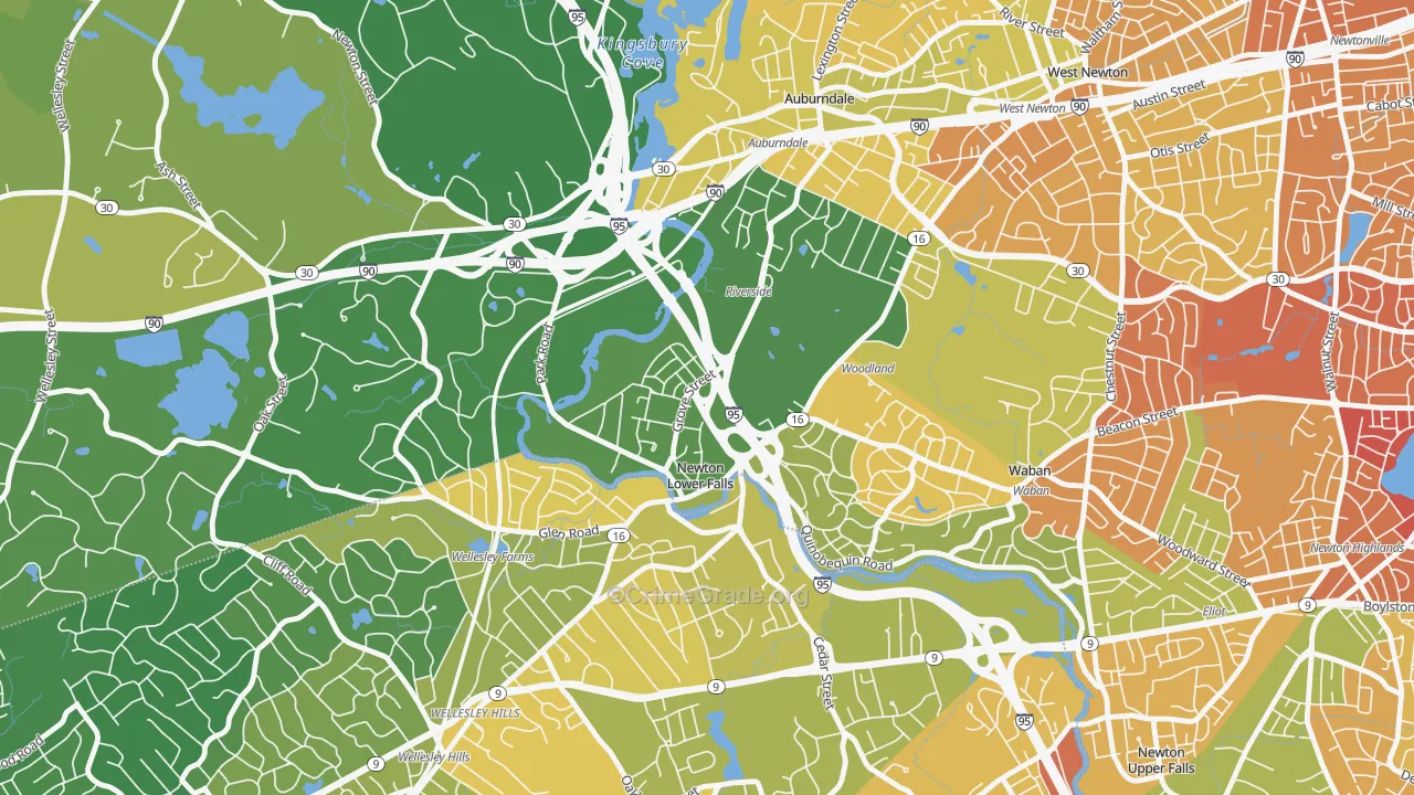 Newton Lower Falls, MA Map of Murder Rates
