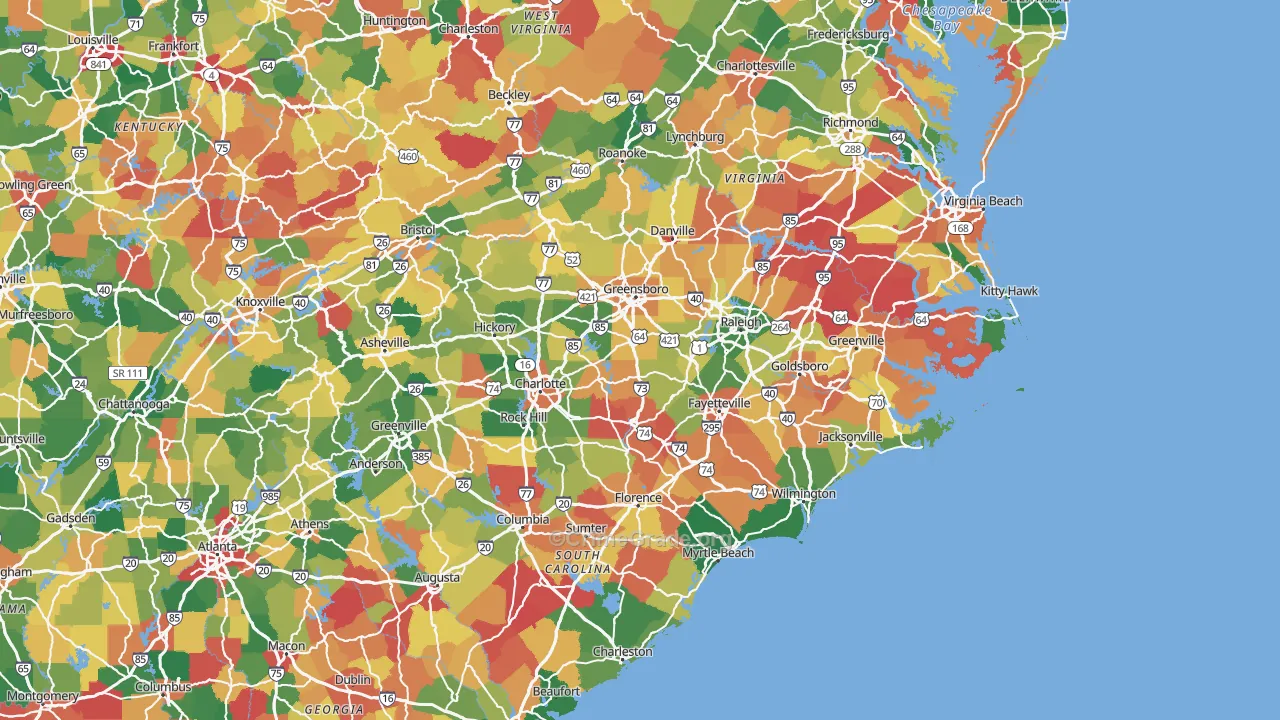 North Carolina Map of Murder Rates