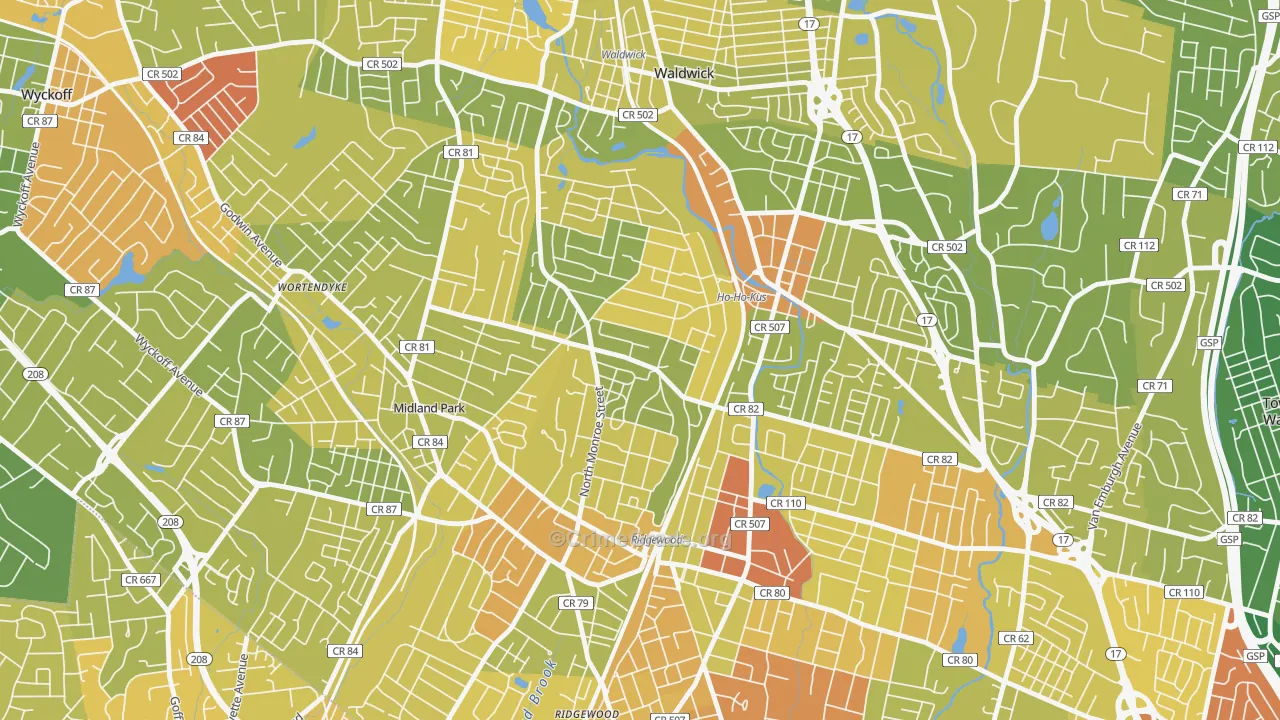 Northwest Ridgewood, Ridgewood, NJ Map of Murder Rates