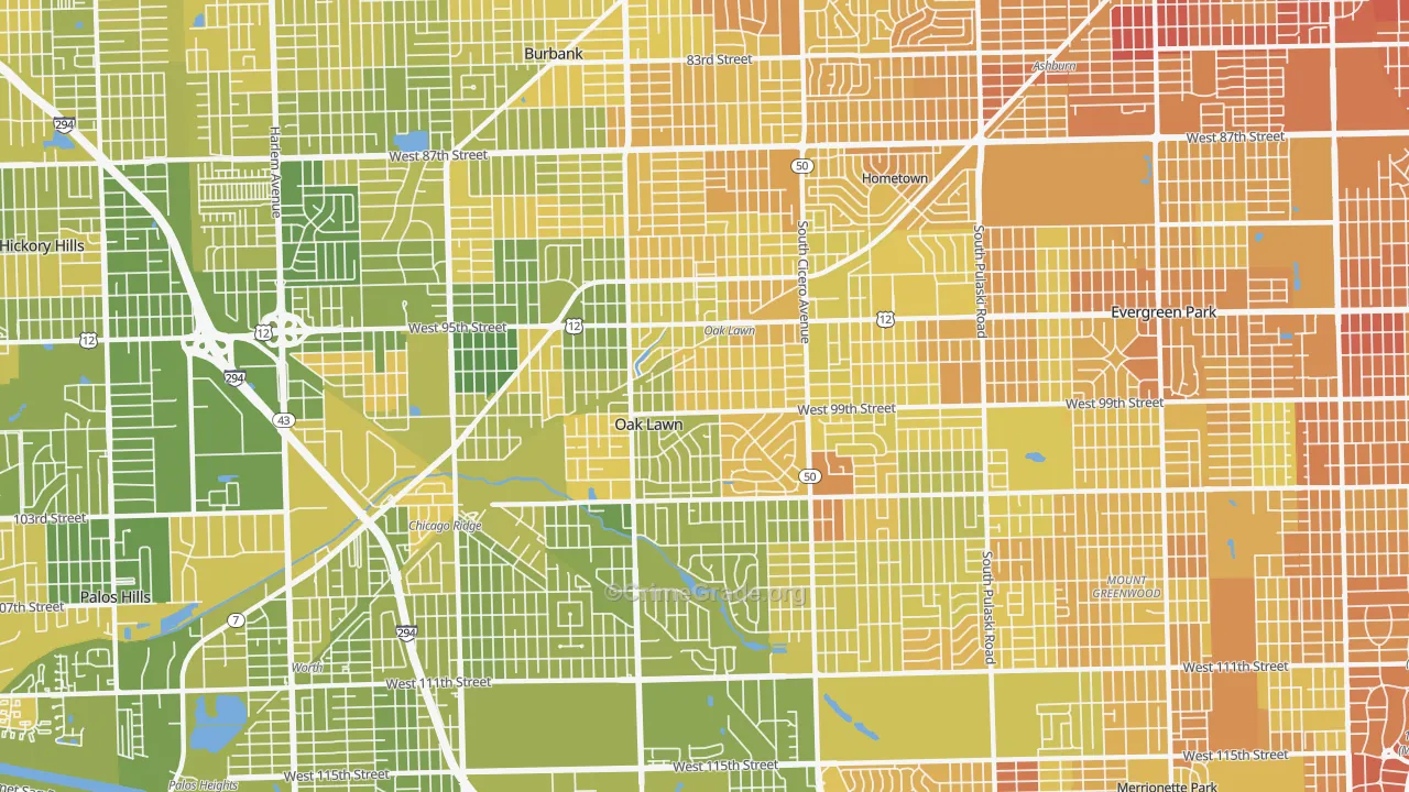 Oak Lawn, IL Map of Murder Rates
