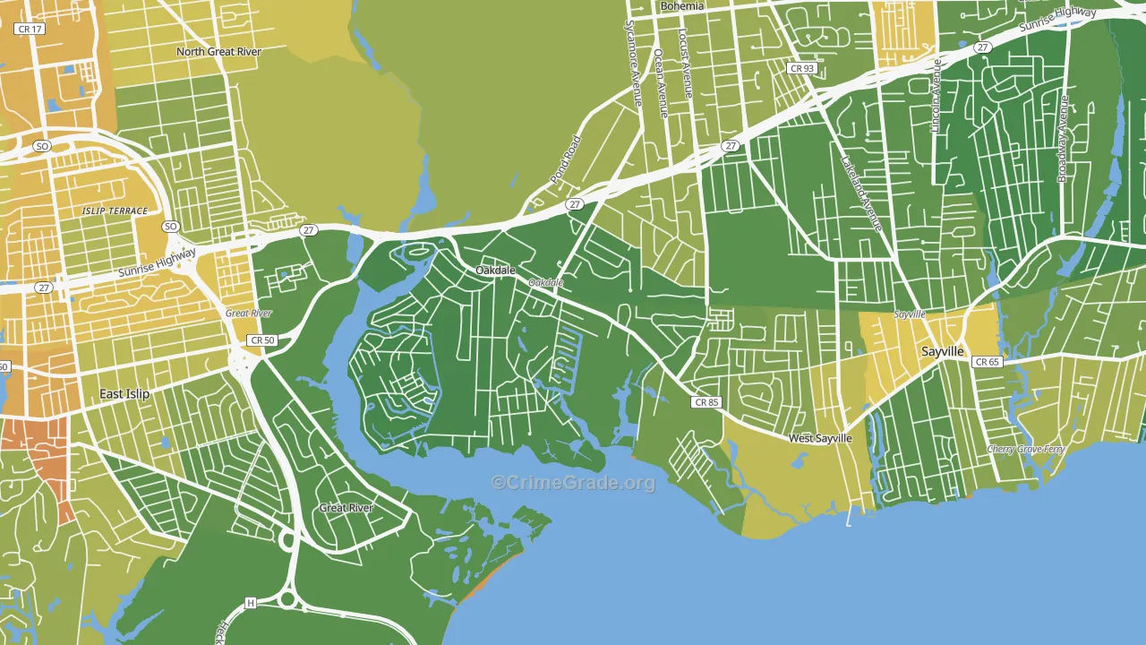 Oakdale, NY Map of Murder Rates