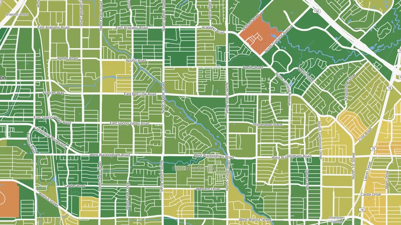 Oakridge, Garland, TX Map of Murder Rates