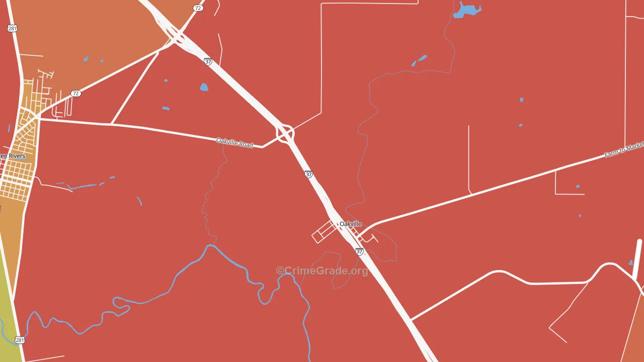 Oakville, TX Map of Murder Rates