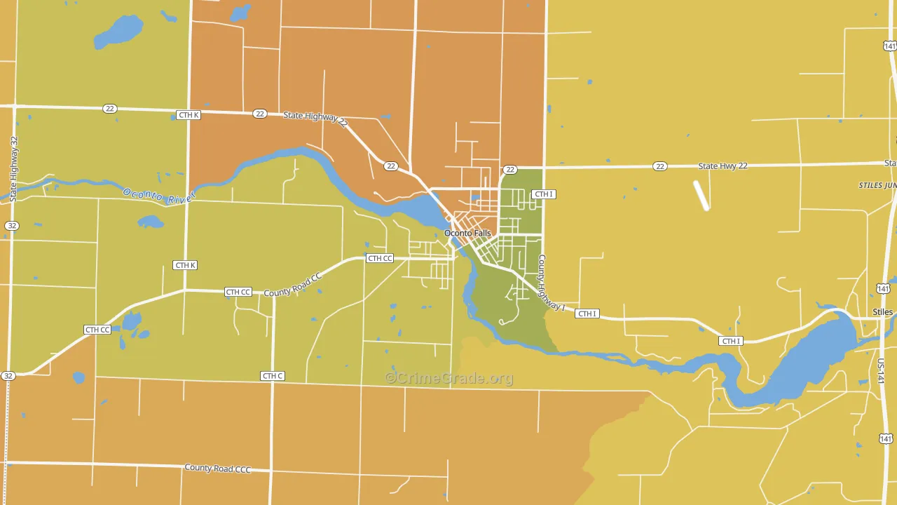 Oconto Falls, WI Map of Murder Rates