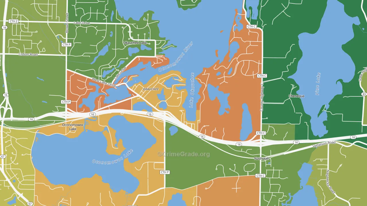 Okauchee Lake, WI Map of Murder Rates