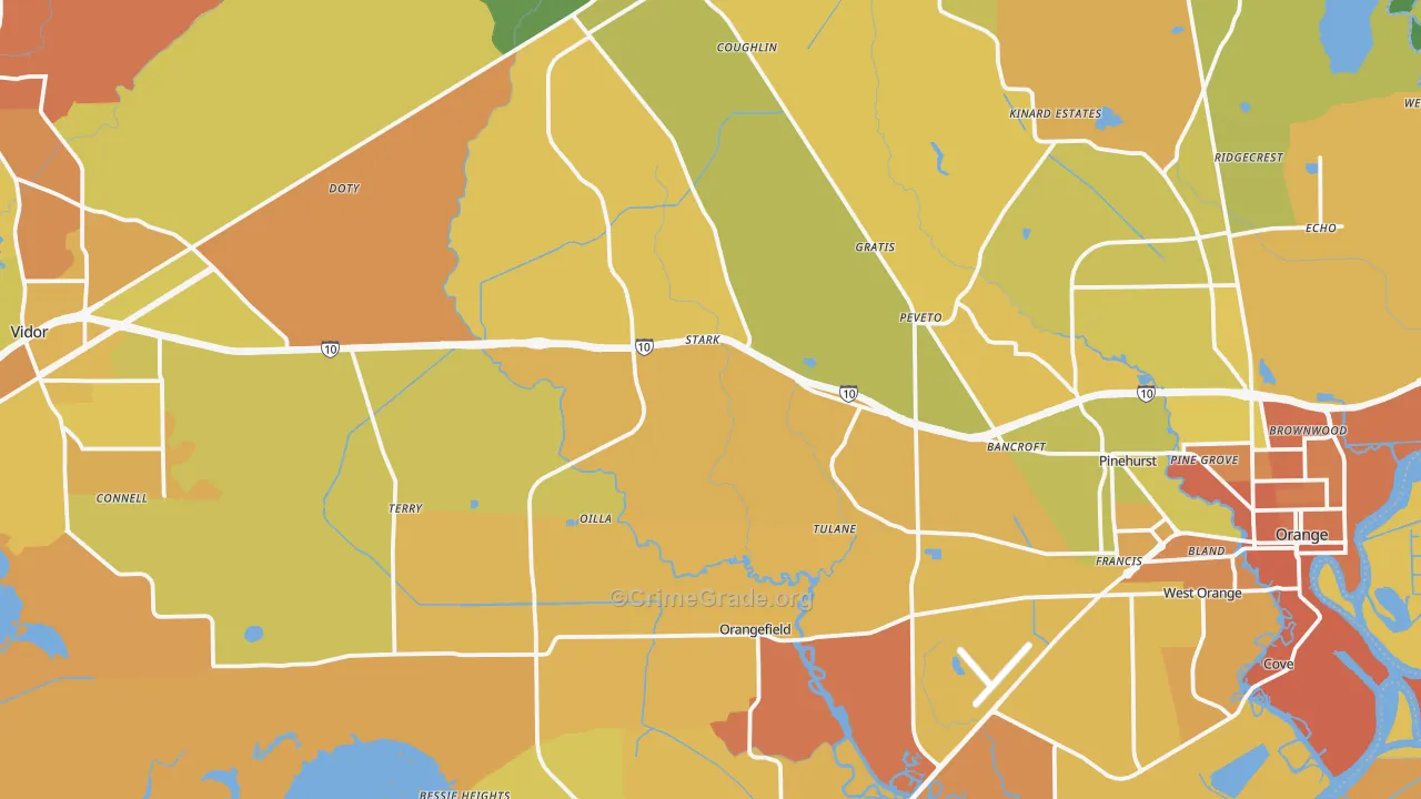 Orange County, TX Map of Murder Rates