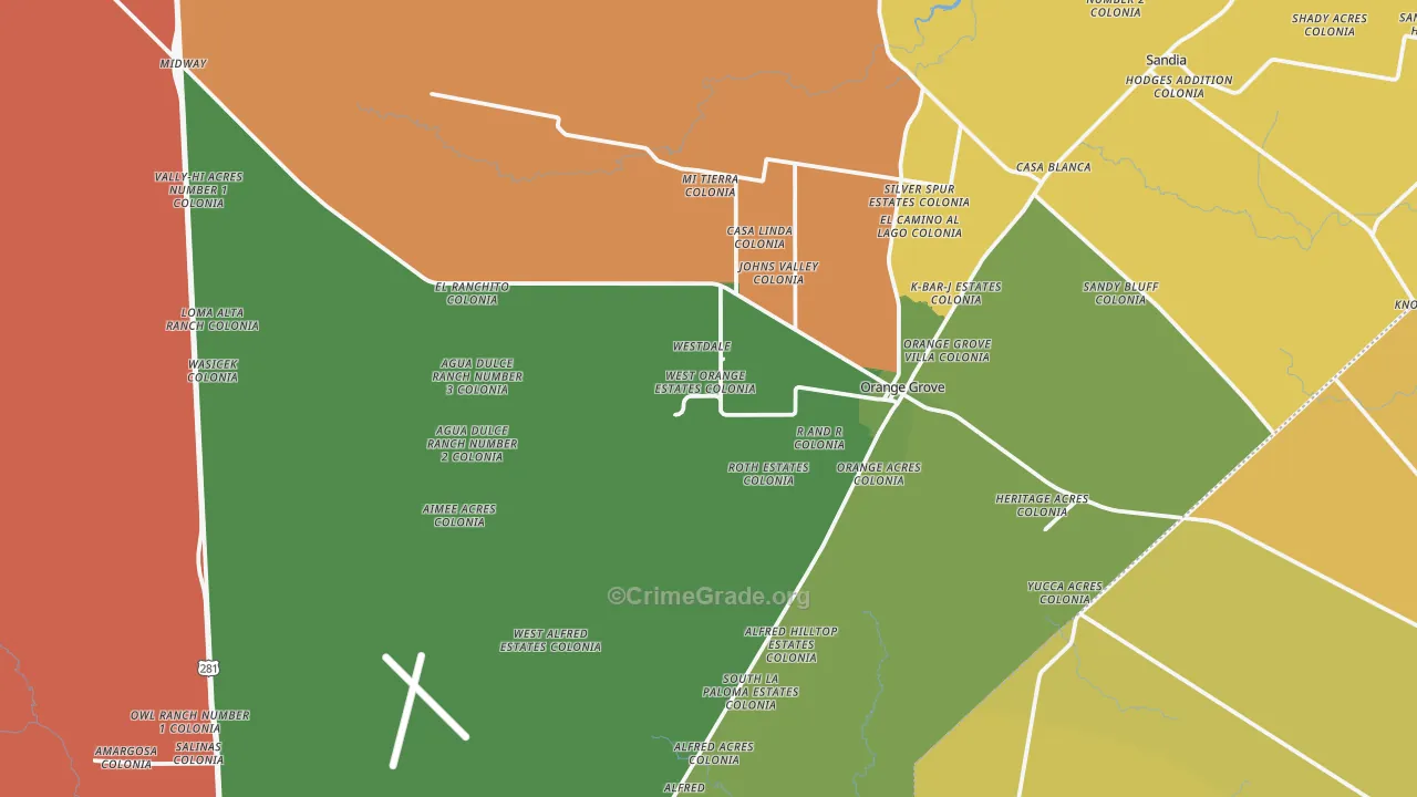 Orange Grove, TX Map of Murder Rates