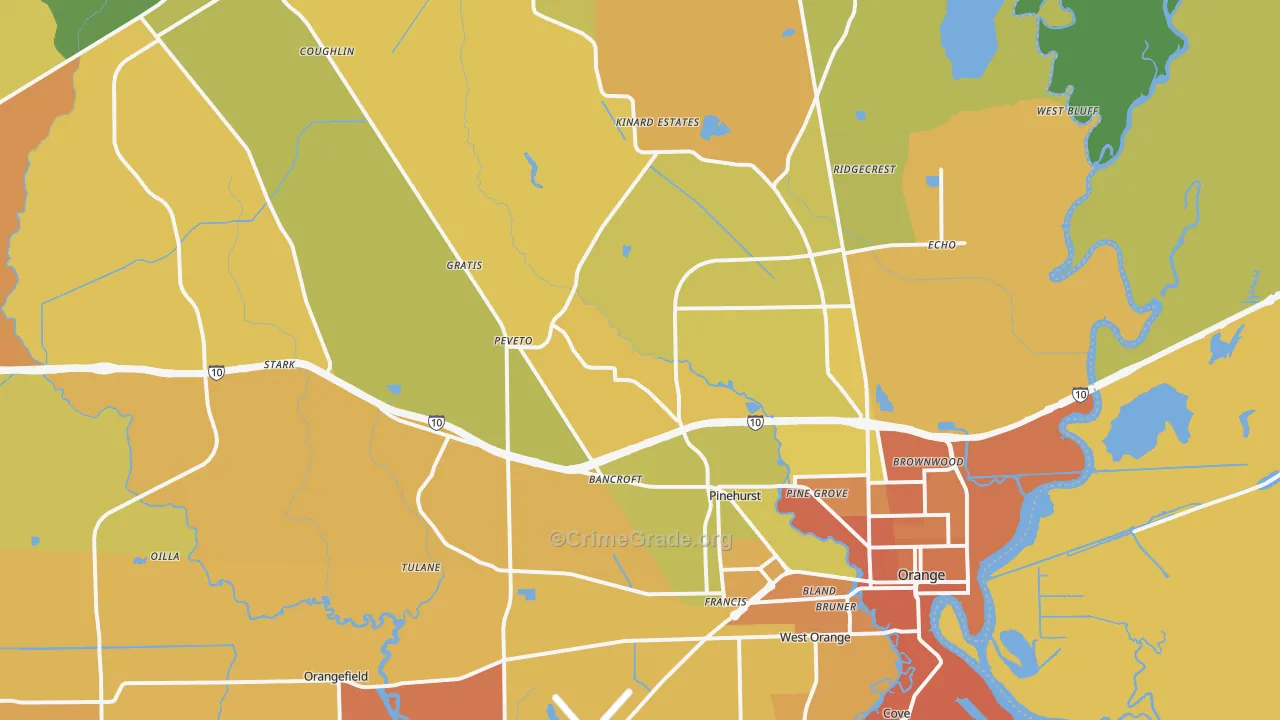 Orange, TX Map of Murder Rates