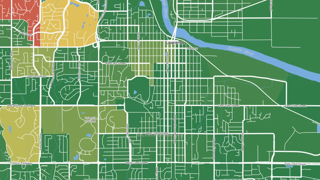 Oread, Lawrence, KS Map of Murder Rates