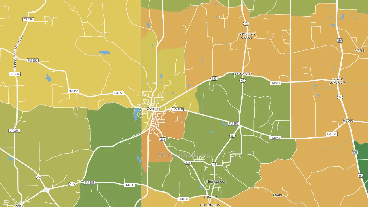Overton, TX Map of Murder Rates